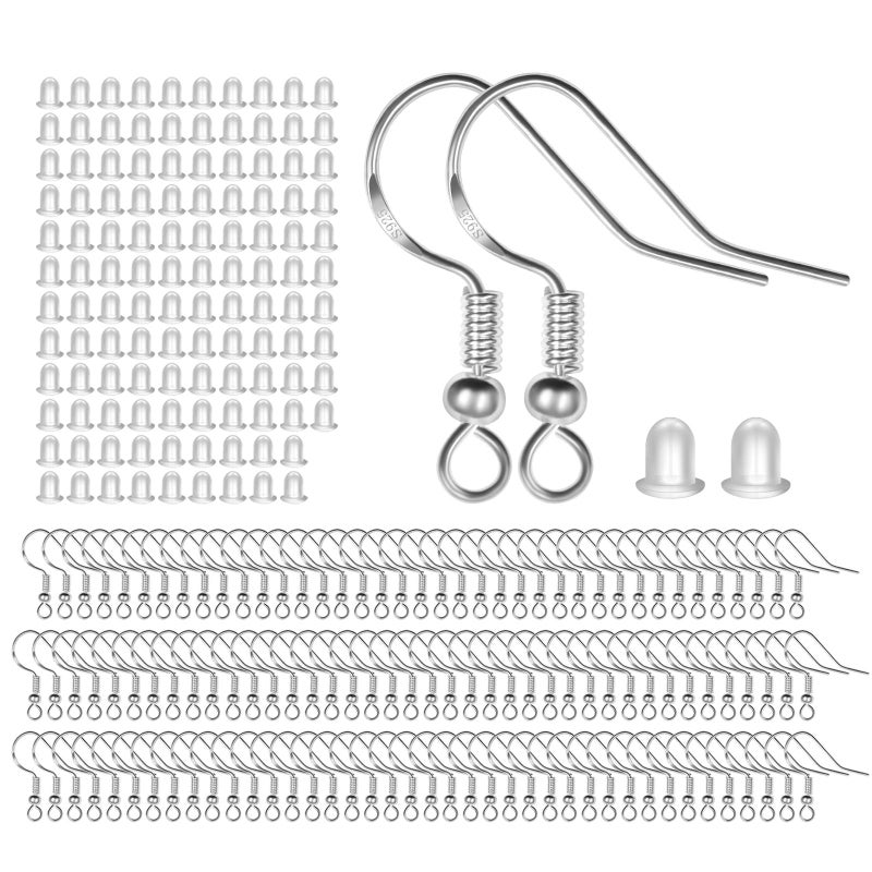925 Sterling Silver Earring Hooks 120 PCS60 Pairs Ear Wires Fish Hooks Hypoallergenic Jewelry Findings Parts with 120 PCS Clear Silicone Earring Backs