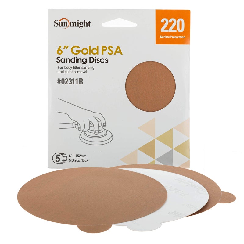Sunmight Gold Retail Pack 6"" 220G Psa No Hole Disc, 02311R, 5 Discs - Image 1