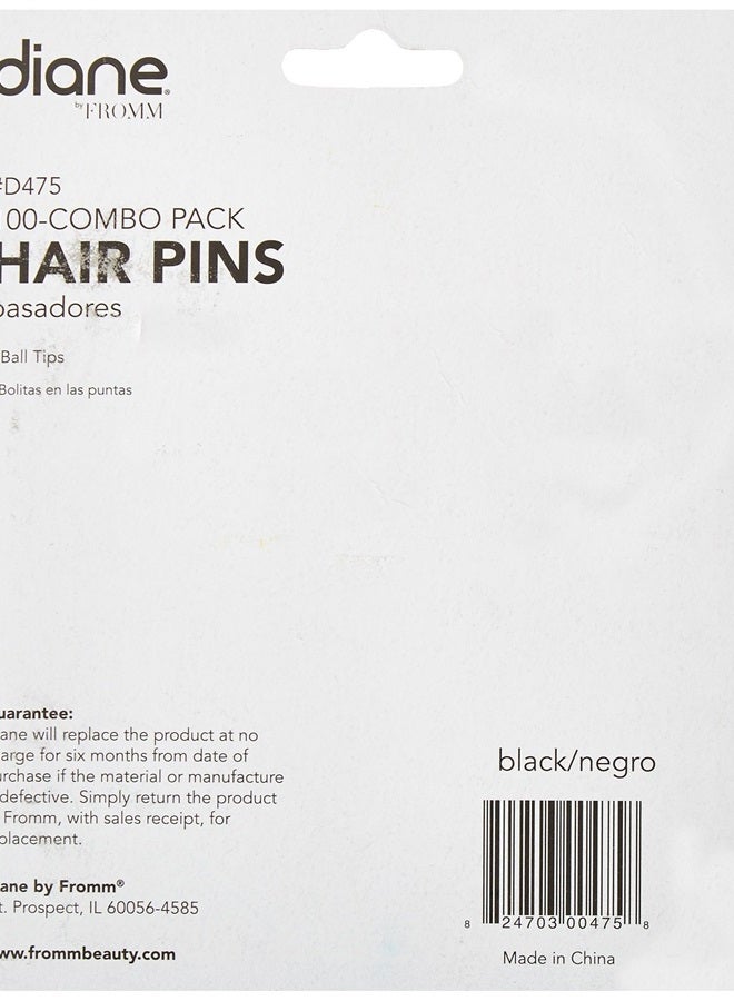Diane Hair Pins for Women Bulk Pack of 100 Assorted Sizes Jumbo 3, Large 2.5, Medium / Small 1.75 - Black, Crimped Design with Ball Tips, D475-100 Count(Pack of 1)