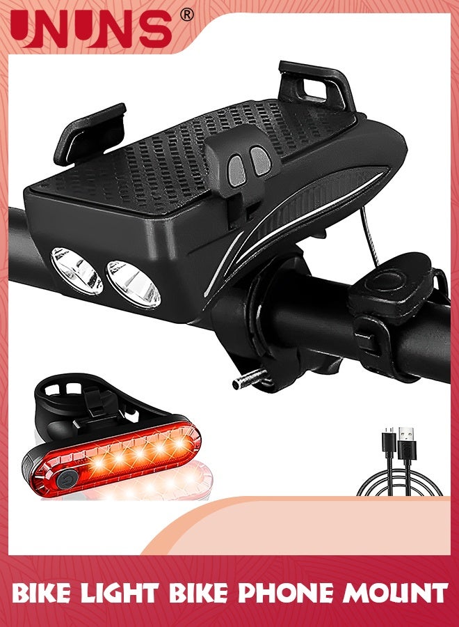 UNUNS Bike Phone Mount And Front Light Set,USB Rechargeable Holder,Adjustable Bicycle Holder Handlebar Headlight With Horn Trumpet,Fits Mountain - Image 1