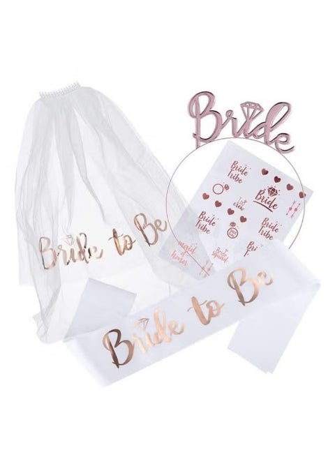 4-Pack Bride to Be Decoration Set, Bride Sash, Headband Tiara, Shoulder Length Veil, Decorative Stickers, Party Supplies Bridal Shower Decoration Accessories