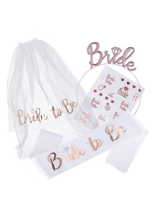 4-Pack Bride to Be Decoration Set, Bride Sash, Headband Tiara, Shoulder Length Veil, Decorative Stickers, Party Supplies Bridal Shower Decoration Accessories