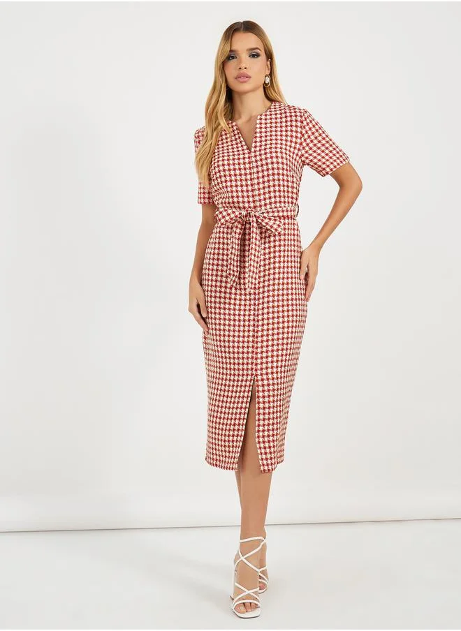 Styli Tweed Checked Sheath Midi Dress with Slit Hem