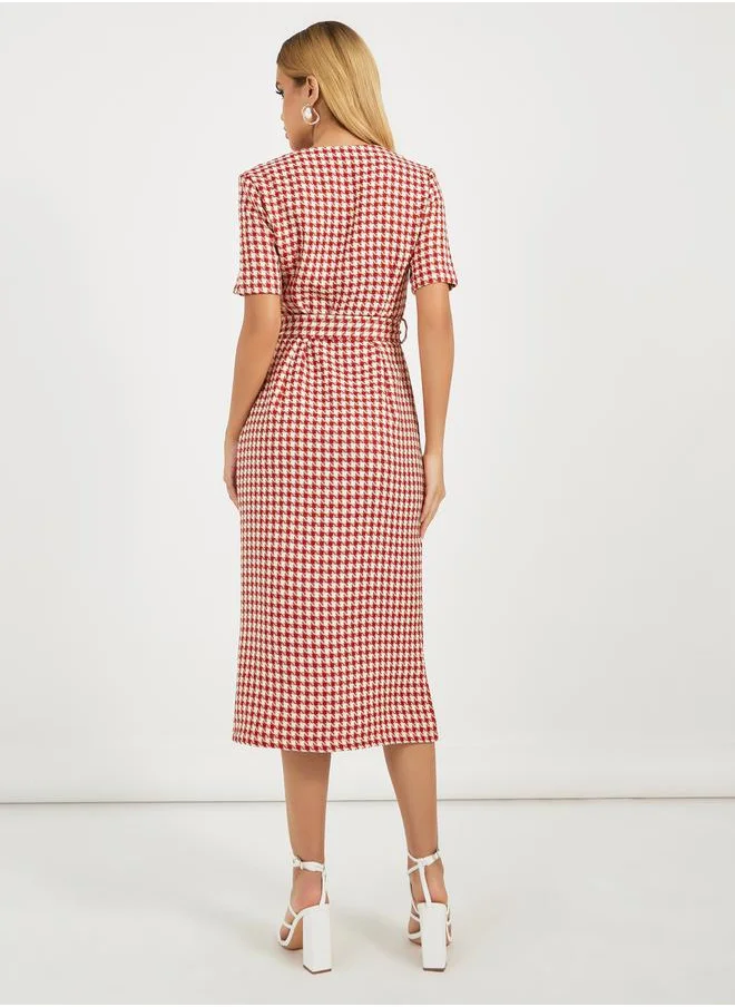 Styli Tweed Checked Sheath Midi Dress with Slit Hem