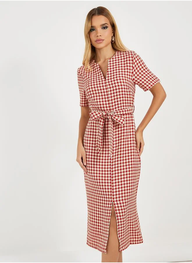 Styli Tweed Checked Sheath Midi Dress with Slit Hem