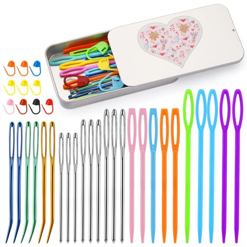 FTEVEN 36pcs Large Eye Sewing Needles, Plastic Yarn Needles Set Blunt Needles, Bent Tapestry Needles with Colorful Plastic Knitting Stitch Markers for Knitting Crochet Sewing - Image 1