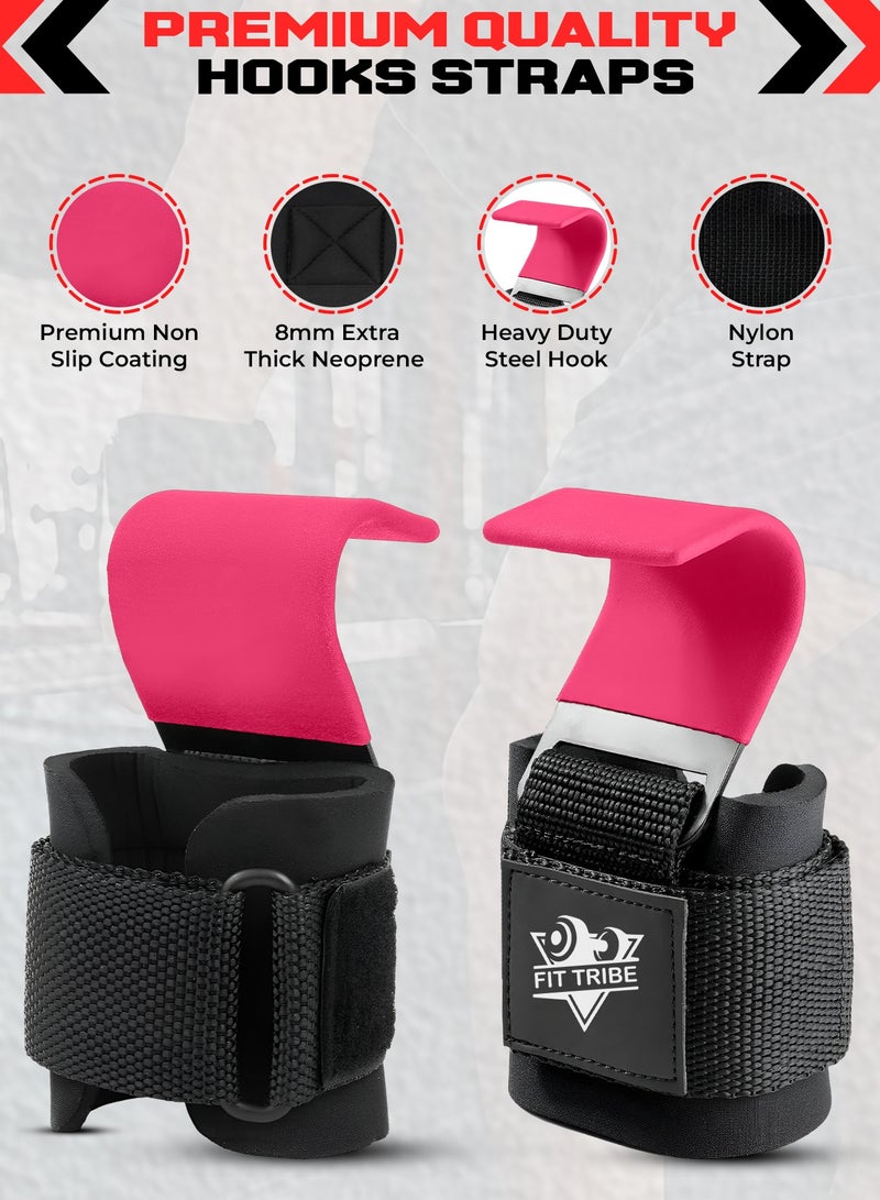 FIT TRIBE Weight Lifting Hooks for Men & Women 2pcs - Heavy Duty Lifting Straps for Deadlifts, Powerlifting, Shrugs, & Rows - Gym Grips with Anti-Slip Pull-Up Hooks (Pink) - Image 2