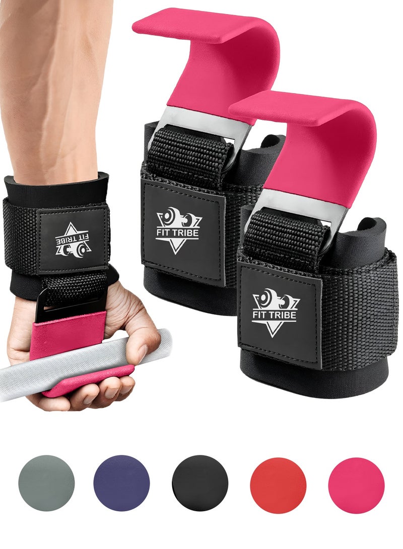 FIT TRIBE Weight Lifting Hooks for Men & Women 2pcs - Heavy Duty Lifting Straps for Deadlifts, Powerlifting, Shrugs, & Rows - Gym Grips with Anti-Slip Pull-Up Hooks (Pink) - Image 1