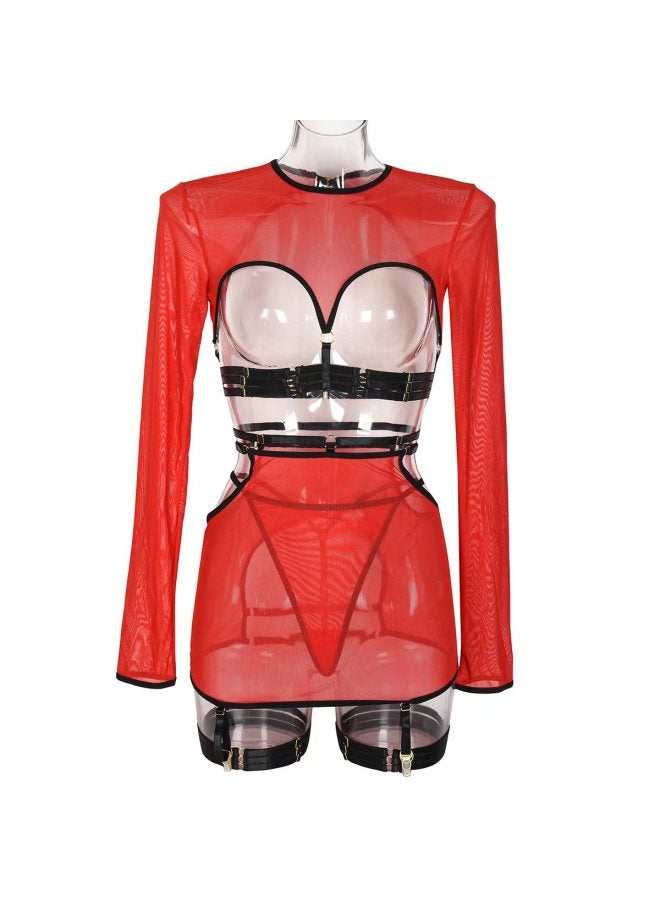 European And American Underwear 5-piece Set Hollow Strap Personality Long Sleeve Top With Leg Ring 3317