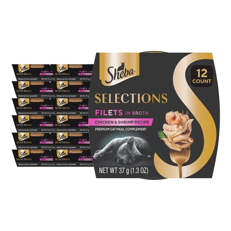 Sheba Selections Filets in Broth Adult Wet Cat Meal Complement Chicken & Shrimp Recipe, 1.3 oz. Cups, 12 Count - Image 1