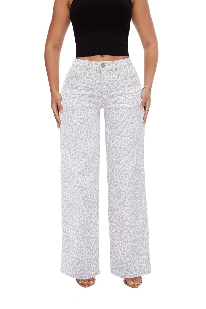 ONESO Mid-Low Rise Baggy Jeans Wide Leg for Women Distressed Pants Stretchy Bottom Lady Basic Comfortable Denim White Leopard - Image 1