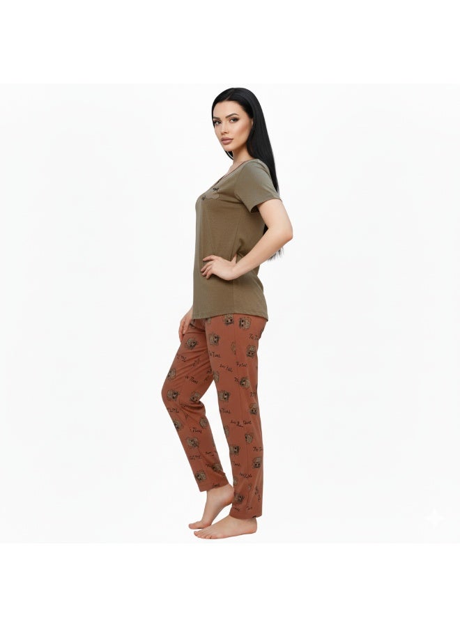 جوانا طقم بيجاما نسائي بطبعة كرتونية، قميص بأكمام قصيرة وبنطال طويل، بيج/سلمون - Image 5