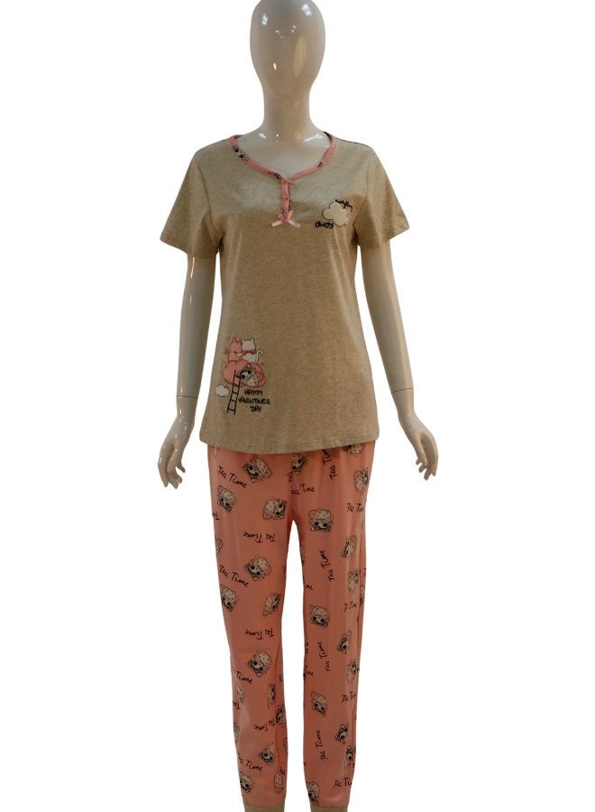 JOANNA JOANNA Women's Cartoon Design Print Short Sleeve Shirt & Long Pants Pajama Set, Beige/Salmon - Image 1
