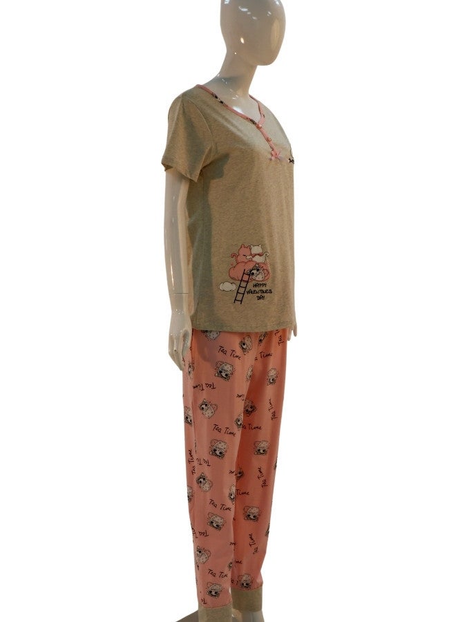 JOANNA JOANNA Women's Cartoon Design Print Short Sleeve Shirt & Long Pants Pajama Set, Beige/Salmon - Image 4