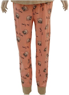 JOANNA JOANNA Women's Cartoon Design Print Short Sleeve Shirt & Long Pants Pajama Set, Beige/Salmon  - Image 3