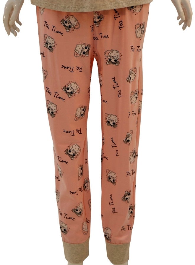 JOANNA JOANNA Women's Cartoon Design Print Short Sleeve Shirt & Long Pants Pajama Set, Beige/Salmon - Image 3