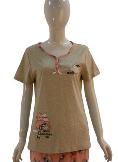 JOANNA JOANNA Women's Cartoon Design Print Short Sleeve Shirt & Long Pants Pajama Set, Beige/Salmon  - Image 2