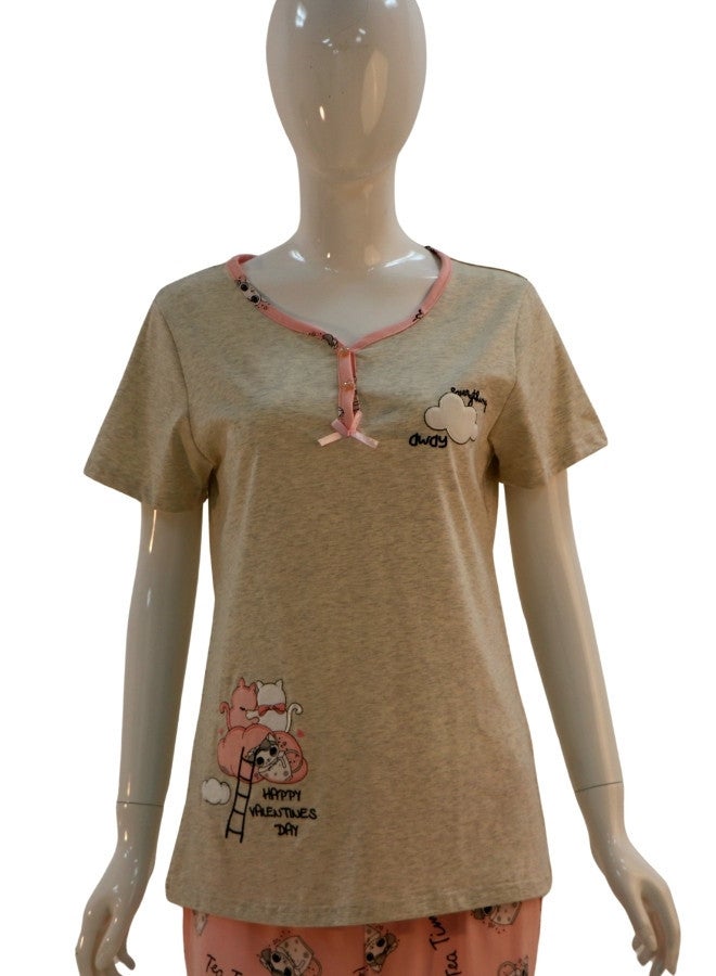 JOANNA JOANNA Women's Cartoon Design Print Short Sleeve Shirt & Long Pants Pajama Set, Beige/Salmon - Image 2