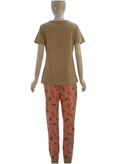 JOANNA JOANNA Women's Cartoon Design Print Short Sleeve Shirt & Long Pants Pajama Set, Beige/Salmon  - Image 5