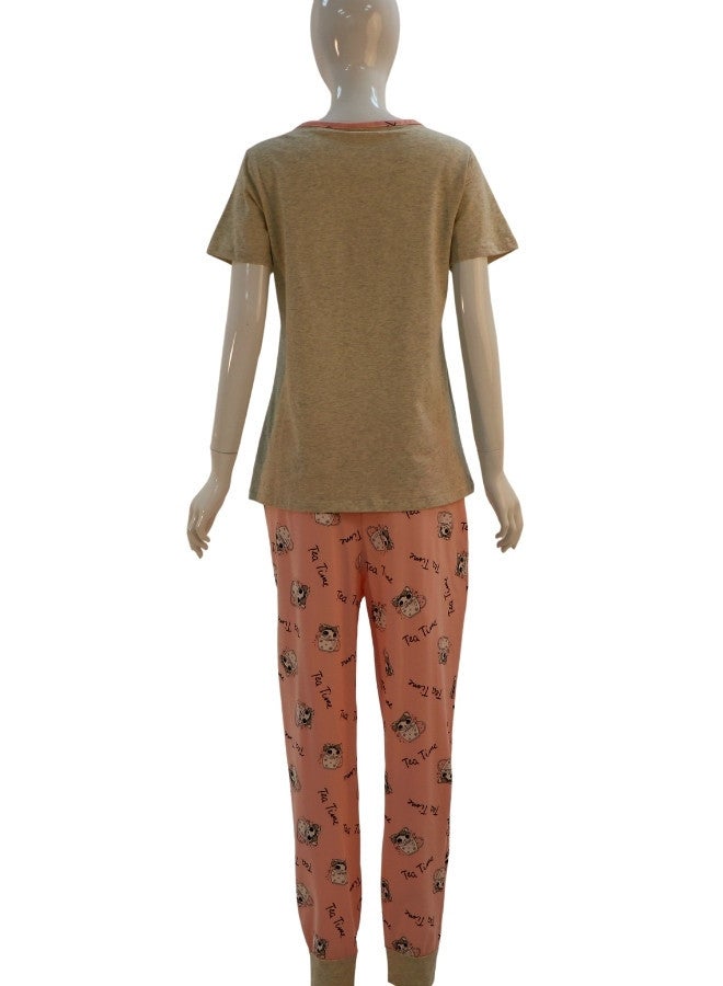 JOANNA JOANNA Women's Cartoon Design Print Short Sleeve Shirt & Long Pants Pajama Set, Beige/Salmon - Image 5