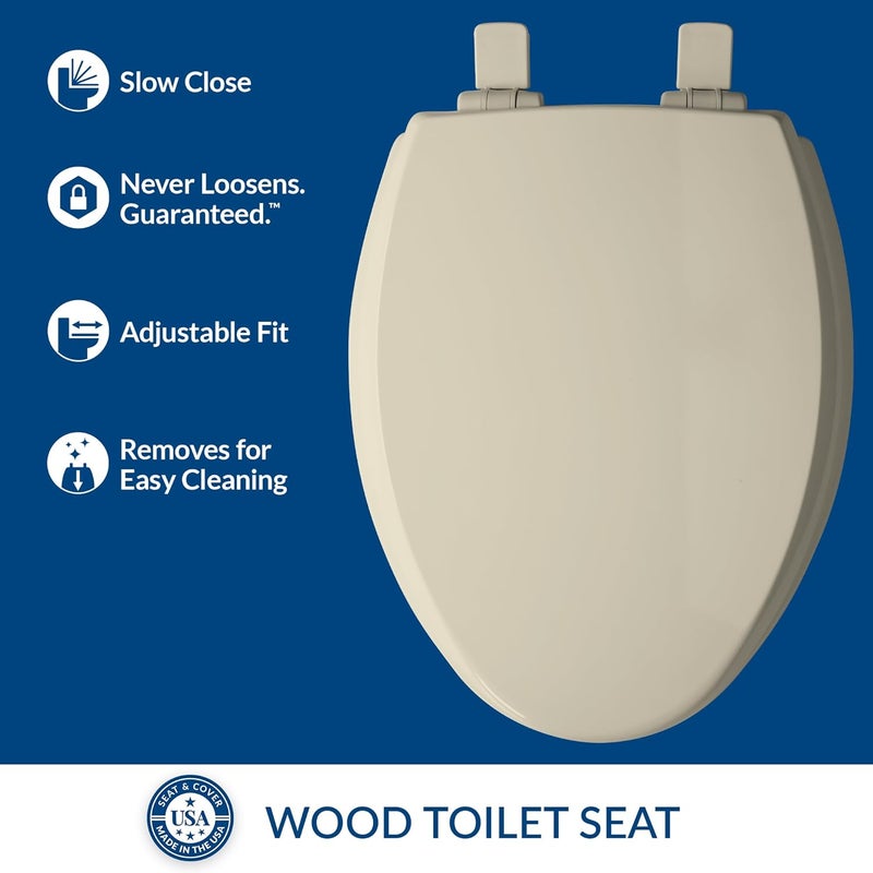 Mayfair Cassel Slow Close Toilet Seat, Easy Clean, Non Slip Premium Wood Seat, Easy Install, Made in USA, Elongated, Bone - Image 2