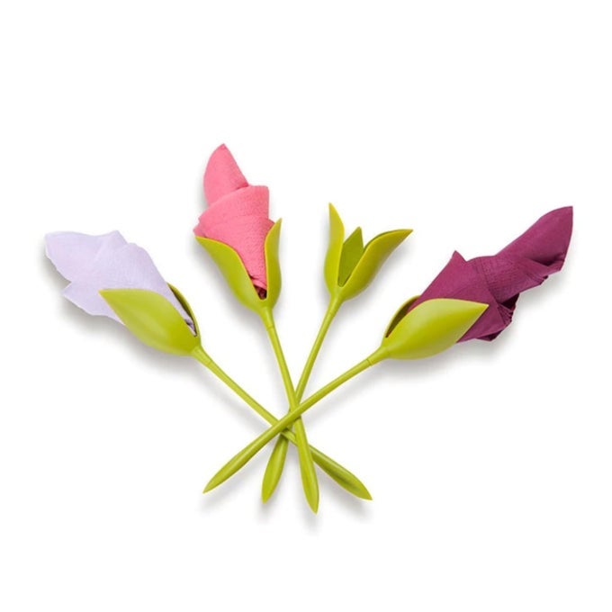 BLOOM NAPKIN HOLDERS FOR TABLES SET OF 4 GREEN STEMMED PLASTIC TWIST FLOWER BUDS SERVIETTE HOLDERS PLUS WHITE NAPKINS FOR MAKING ORIGINAL TABLE ARRANGEMENTS