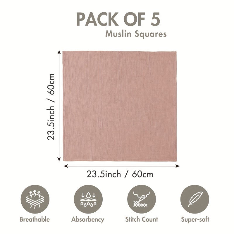 5 Pack Muslin Swaddle Blankets for Baby Girls Boys Receiving Blanket Large 23.5 x 23.5 Inches Soft Breathable Muslin Baby Blanket Unisex Newborn Bland Colors - Image 3