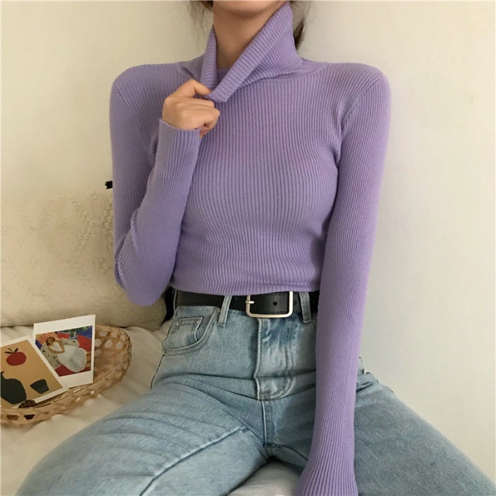 Early Autumn New Black High Neck Knitted Base Shirt Winter Womens Sweater Slim-fit All-match Outer Wear Clothes Purple