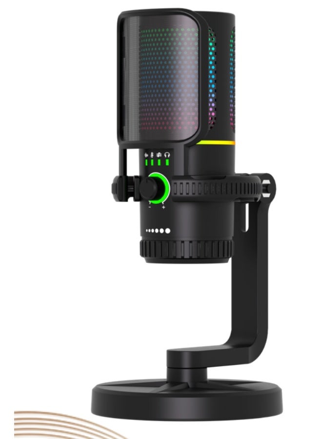 ميكروفون ألعاب RGB USB للكمبيوتر، ميكروفون مكثف للبث المباشر مع تقليل الضوضاء وزر كتم الصوت والمراقبة الفورية والتحكم بمستوى الصوت، ميكروفون كمبيوتر USB-C مع تشغيل مباشر وحامل مكتبي للألعاب والبودكاست والتسجيل