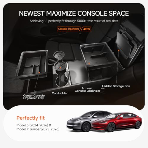 DooGooCoo Center Console Organizer for Tesla New Model Y Juniper 2025-2026/Model 3 2024-2026 [2-Layer Design, Easy Slide] Keep Console Clutter-Free Custom Fit for Model 3 & Juniper Model Y Accessories, 4PC - Image 3