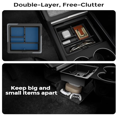 DooGooCoo Center Console Organizer for Tesla New Model Y Juniper 2025-2026/Model 3 2024-2026 [2-Layer Design, Easy Slide] Keep Console Clutter-Free Custom Fit for Model 3 & Juniper Model Y Accessories, 4PC - Image 4