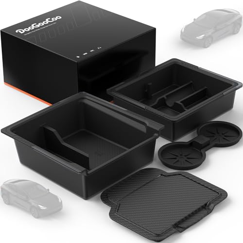 DooGooCoo Center Console Organizer for Tesla New Model Y Juniper 2025-2026/Model 3 2024-2026 [2-Layer Design, Easy Slide] Keep Console Clutter-Free Custom Fit for Model 3 & Juniper Model Y Accessories, 4PC - Image 1