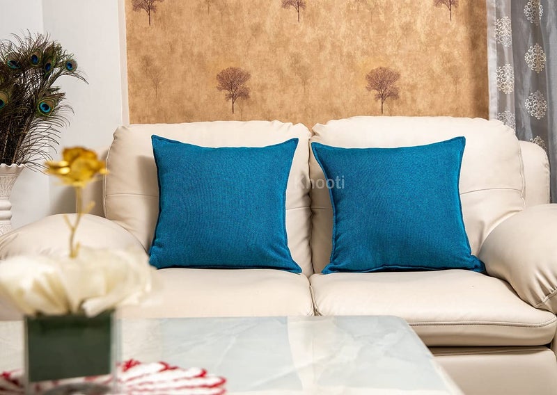 Khooti Decorative Jute Square Cushion Cover Throw pillow cover for Living Room Couch Diwan single seater Sofa , Colourful Modern Small 14 x 14 Inches / 35 x 35 cm (Colour - Bondi Blue)(Set of 3 pieces) C2 - Image 3