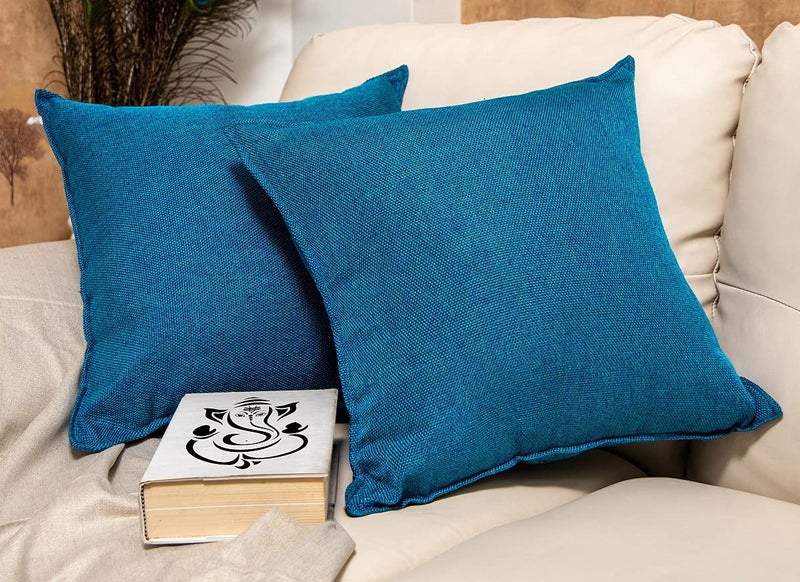 Khooti Decorative Jute Square Cushion Cover Throw pillow cover for Living Room Couch Diwan single seater Sofa , Colourful Modern Small 14 x 14 Inches / 35 x 35 cm (Colour - Bondi Blue)(Set of 3 pieces) C2 - Image 1