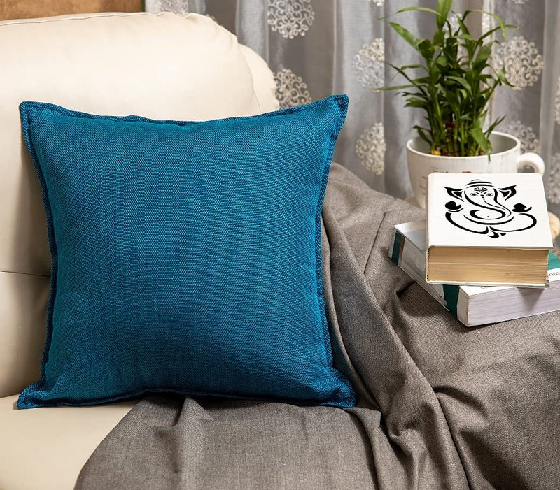 Khooti Decorative Jute Square Cushion Cover Throw pillow cover for Living Room Couch Diwan single seater Sofa , Colourful Modern Small 14 x 14 Inches / 35 x 35 cm (Colour - Bondi Blue)(Set of 3 pieces) C2 - Image 2
