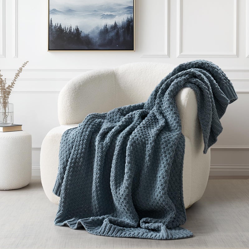 EVERGRACEHOME Chunky Chenille Knit Throw Blanket for Couch, Soft Luxurious Moss Stitch Blankets for Bed, Cozy Decorative Farmhouse Knitted Throws for Sofa, Stormy Blue, 50" x 60" - Image 1
