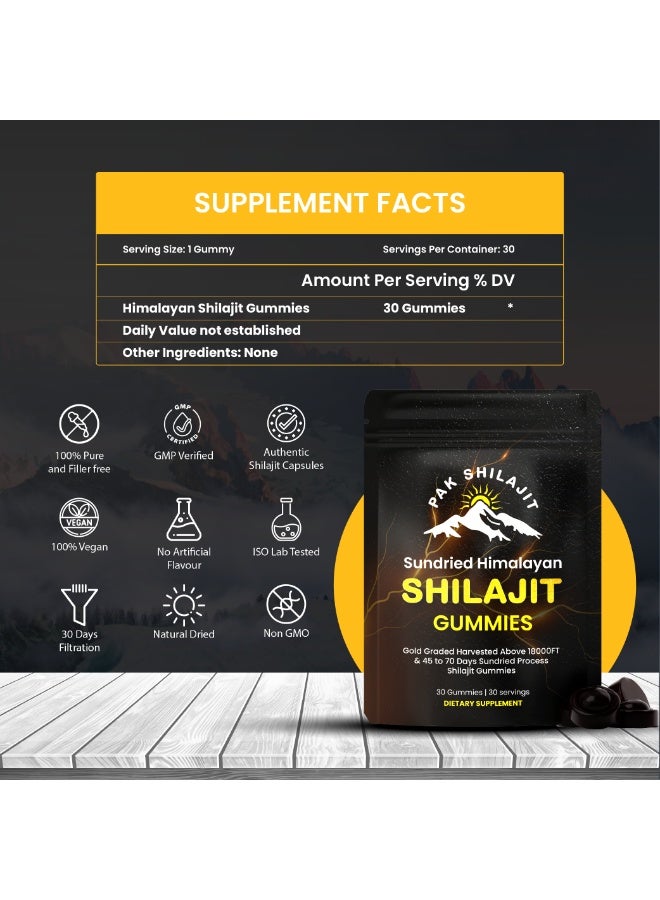 PakShilajit باك شيلاجيت علكة شيلاجيت الهيمالايا النقية | علكات شيلاجيت حاصلة على تصنيف ذهبي وتم اختبارها معمليًا | 85 بلس معادن طبيعية | 30 قطعة - Image 2