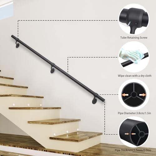 SDNBHT Stair Railing Indoor Metal Hand Rails for Indoor Stairs 1.5" Pipe Aluminum Wall Mounted Outdoor Handrail for Steps Black Industrial Handrail for Stairs 8ft - Image 3