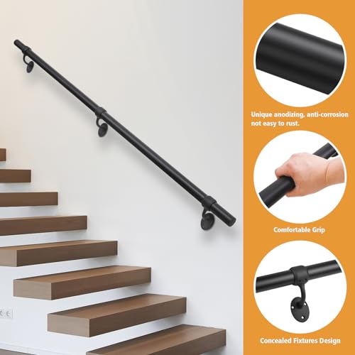 SDNBHT Stair Railing Indoor Metal Hand Rails for Indoor Stairs 1.5" Pipe Aluminum Wall Mounted Outdoor Handrail for Steps Black Industrial Handrail for Stairs 8ft - Image 2