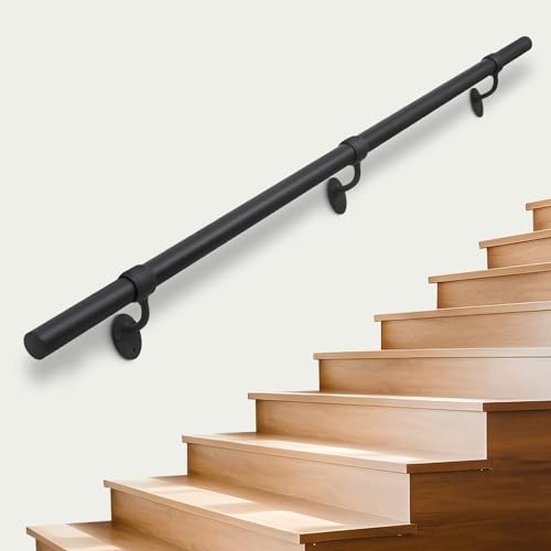 SDNBHT Stair Railing Indoor Metal Hand Rails for Indoor Stairs 1.5" Pipe Aluminum Wall Mounted Outdoor Handrail for Steps Black Industrial Handrail for Stairs 8ft - Image 1