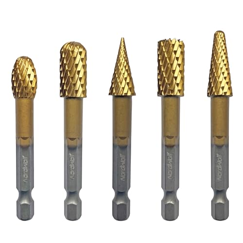 NordWolf 5-Piece Rotary Burr Carving Rasp Files Set, with 1/4" Hex Shank for Metal, Soft Metal, Wood & Plastic Deburring, Shaping, Grooving, Polishing and Grinding - Image 1