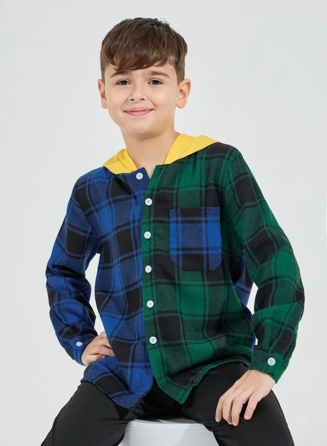 Styli Color Block Button Front Checked Hoodie