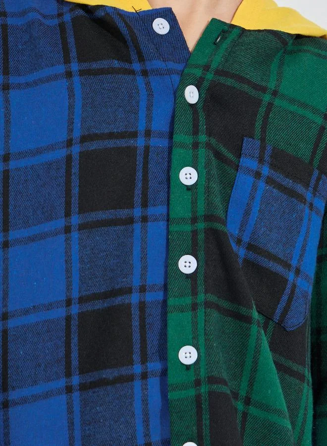 Styli Color Block Button Front Checked Hoodie
