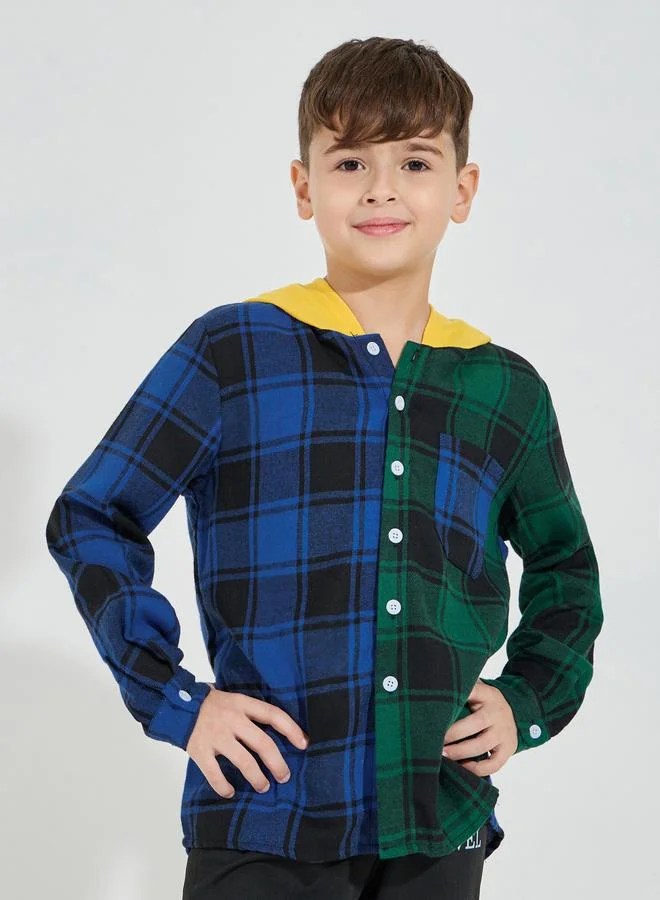 Styli Color Block Button Front Checked Hoodie