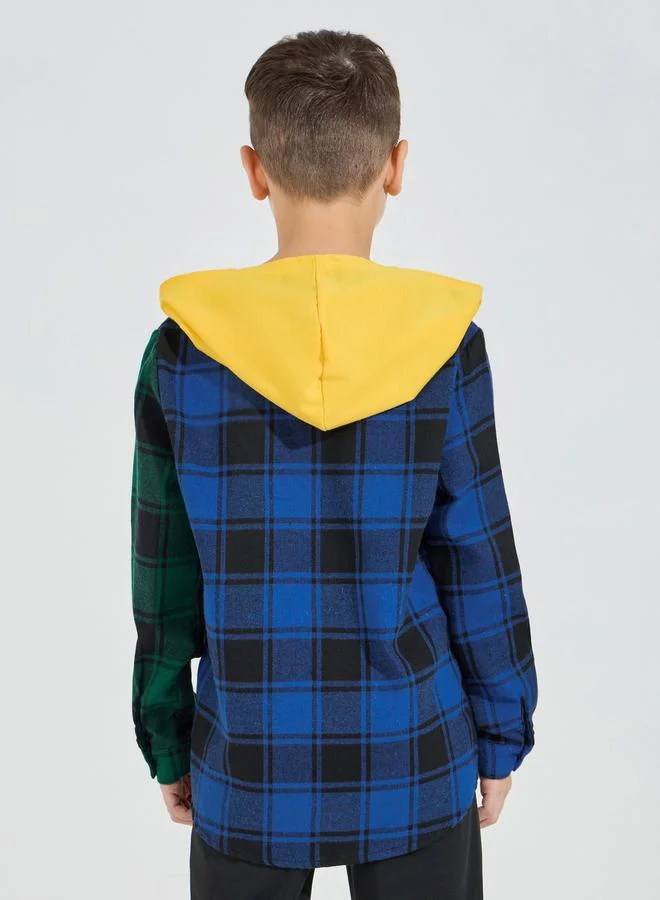 Styli Color Block Button Front Checked Hoodie