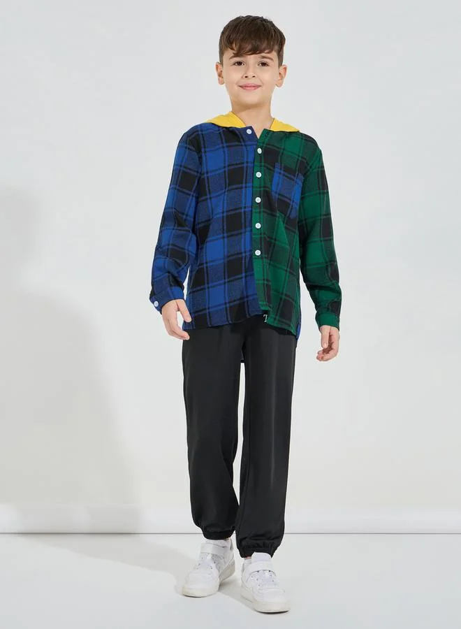 Styli Color Block Button Front Checked Hoodie