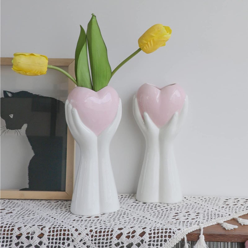 Romehaha Creative Hand Holding Heart Vase,9'' H White Ceramic Vase,Modern Art Body Vase,Flower Vase for Wedding Home Decor,Shelf Decor Accents,Farmhouse Table Decor (Pink Heart) - Image 2