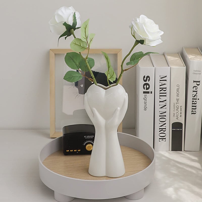 Romehaha Creative Hand Holding Heart Vase,9'' H White Ceramic Vase,Modern Art Body Vase,Flower Vase for Wedding Home Decor,Shelf Decor Accents,Farmhouse Table Decor (Pink Heart) - Image 5