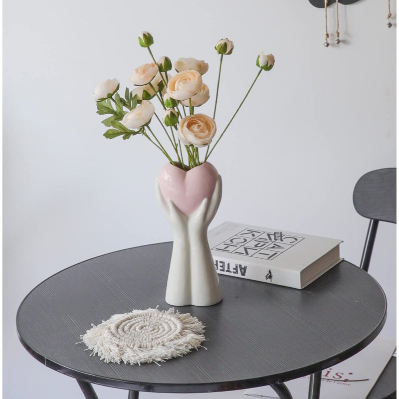 Romehaha Creative Hand Holding Heart Vase,9'' H White Ceramic Vase,Modern Art Body Vase,Flower Vase for Wedding Home Decor,Shelf Decor Accents,Farmhouse Table Decor (Pink Heart) - Image 1