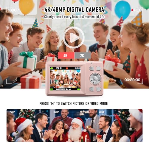 BILEBAK Digital Camera, 4K 48MP Autofocus Dual Screen for Selfies, 18X Zoom Fill Light, Portable Point and Shoot Travel Camera with 32GB SD Card for Kids, Teens, Girls, Boys- Pink - Image 5